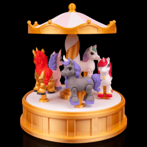 Magic Carousel 3D printed unicorn figurine by STLFlix displayed as whimsical shelf decor