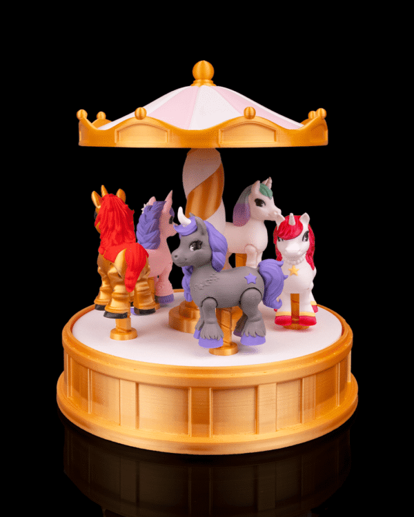 3D Printed Unicorn Figurine | Magic Carousel Magic Carousel 3D printed unicorn figurine by STLFlix displayed as whimsical shelf decor