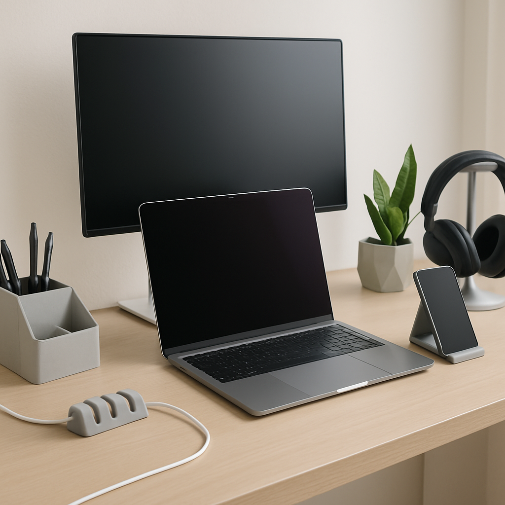 Modern home office with 3D printed desk organizer, cable holder, planter, and phone stand on a clean workspace