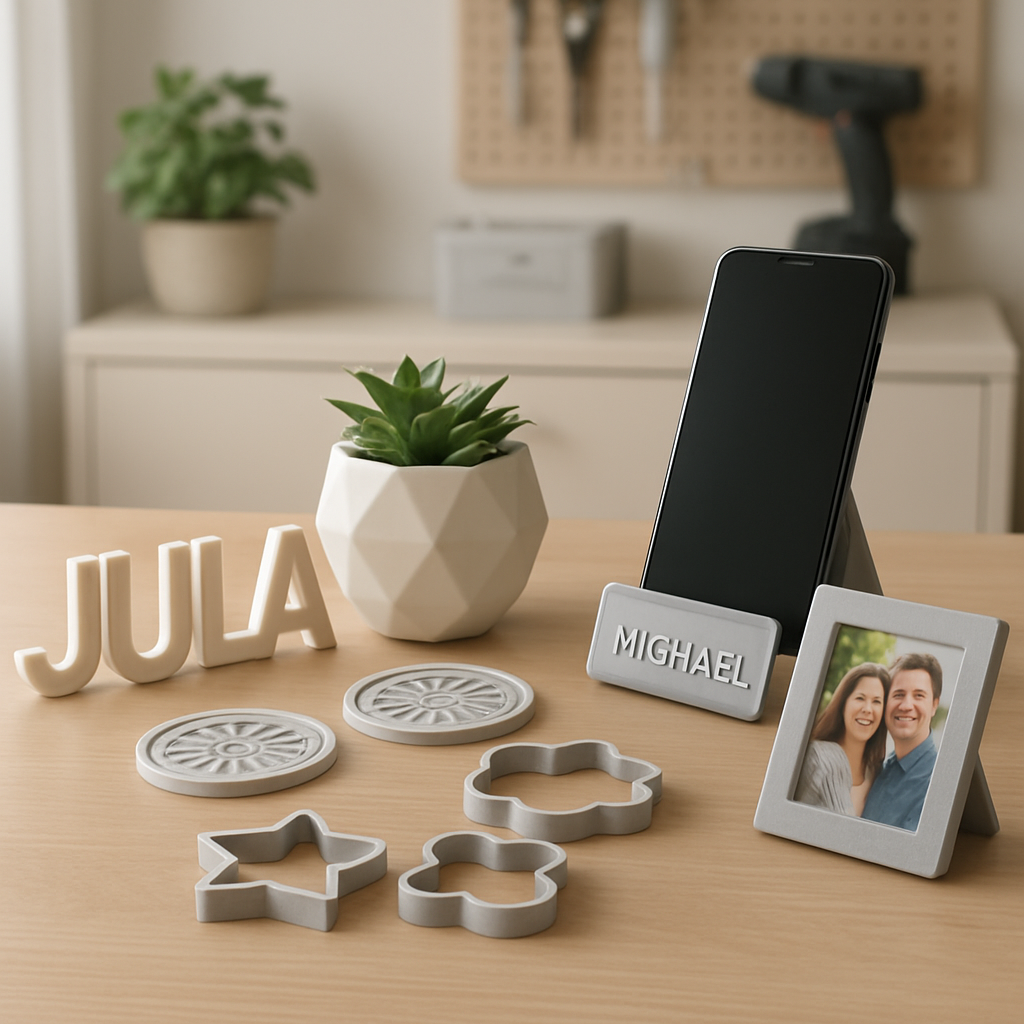 Collection of 3D printed gift ideas including personalized wall art, planter, phone stand, coasters, cookie cutters, and photo frame