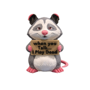 Play Dead opossum figurine by SpaceMonkey, a finished 3D printed opossum decor piece for shelves and desks