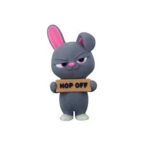 Hop Off 3D printed bunny figurine by SpaceMonkey shown as cheeky rabbit shelf decor
