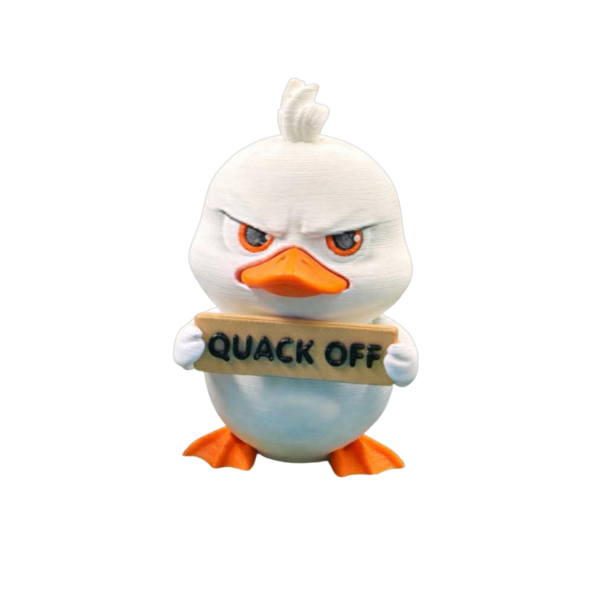 Funny Duck Figurine – Quack Off by SpaceMonkey Quack Off funny duck figurine by SpaceMonkey, a 3D printed duck decor piece for shelf or desk display