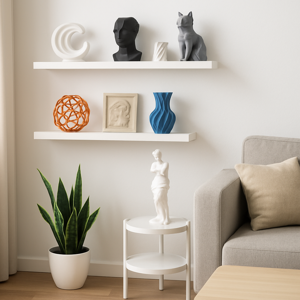 Custom 3D printed art displayed on floating shelves and a corner stand in a small modern apartment
