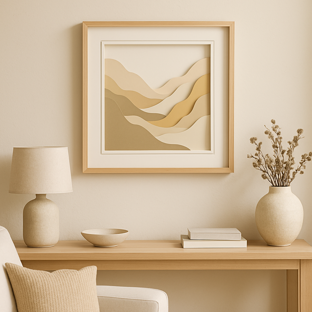 Layered shadow box art displayed in a modern living room as dimensional wall decor