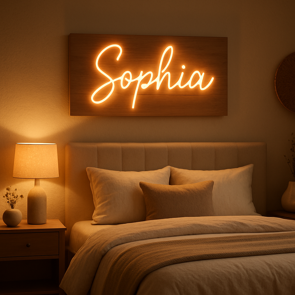 Personalized light-up wall art above a bed creating a cozy bedroom atmosphere with warm ambient lighting