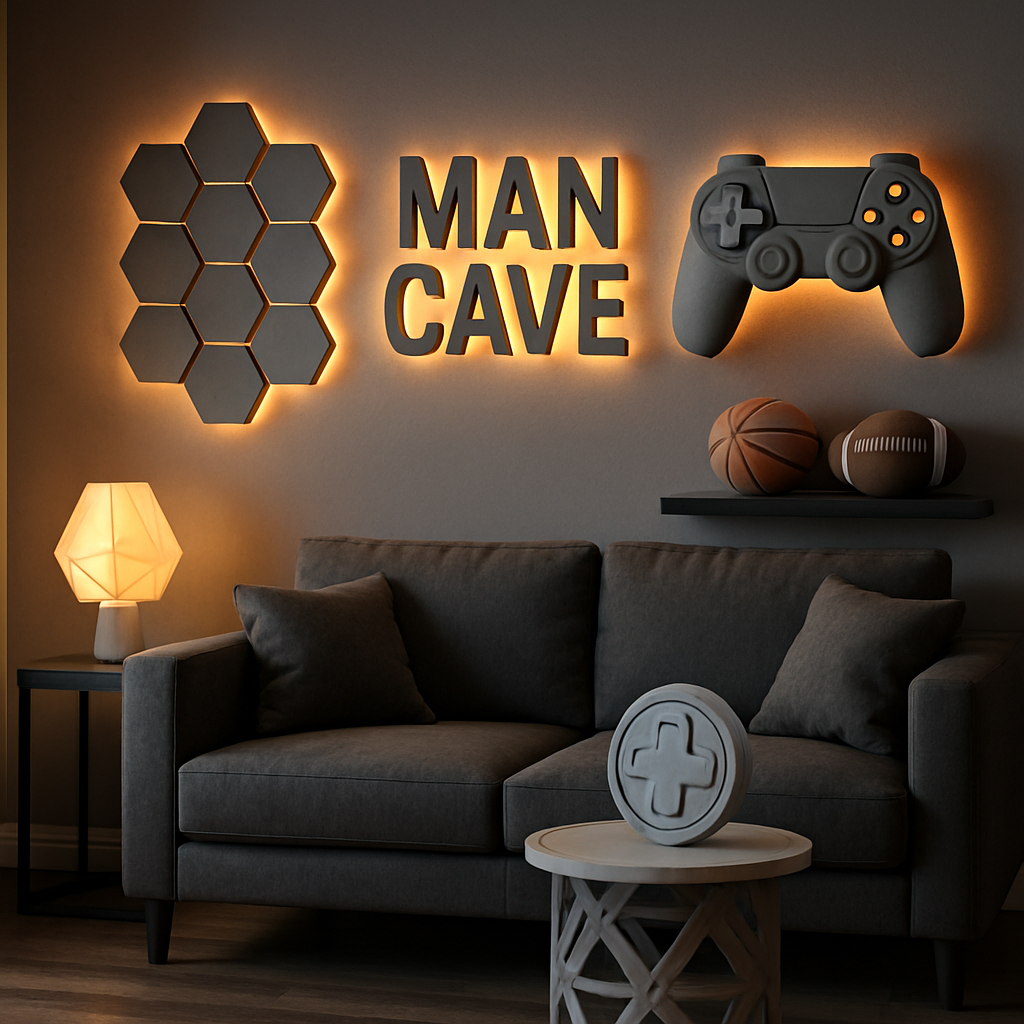 Modern man cave with custom 3D printed wall art, lighting, and accessories