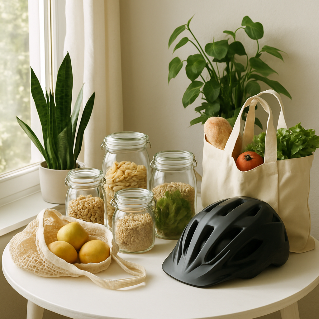 Everyday sustainable living setup with reusable containers, local produce, cloth bags, and houseplants in a sunlit home
