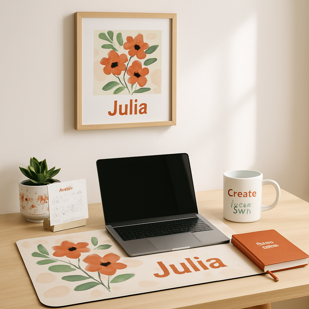 Personalized workspace with custom printed desk accessories, wall art, mug, notebook, and plant pot