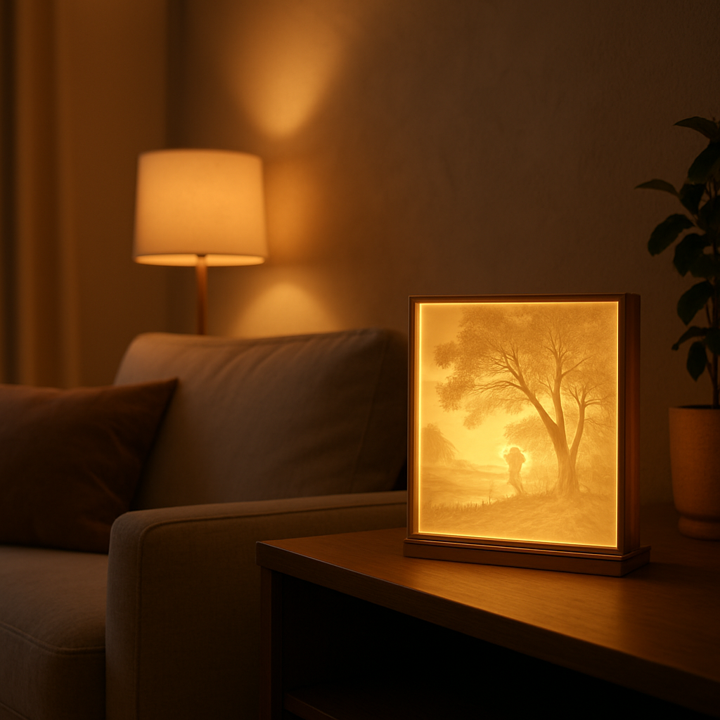 Backlit lithophane art glowing on a shelf in a cozy living room with warm ambient lighting