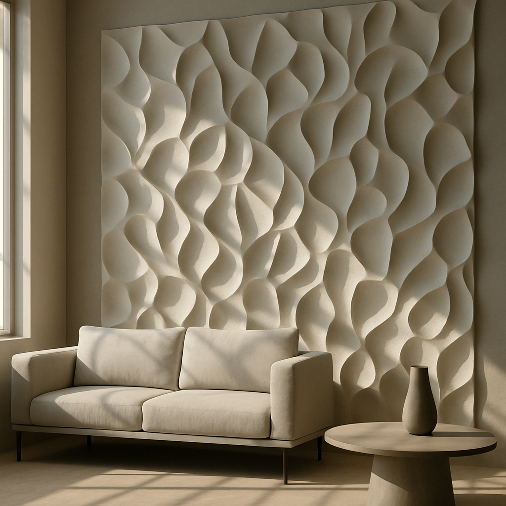 Artistic 3D printed wall panel adding texture and visual interest to a modern interior space