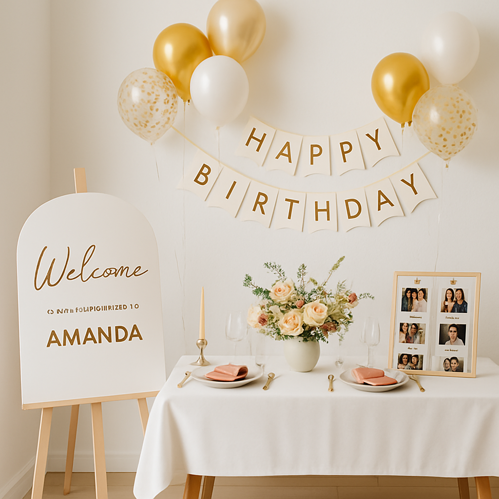 Personalized custom decor setup for a special occasion with banner, table styling, and photo display
