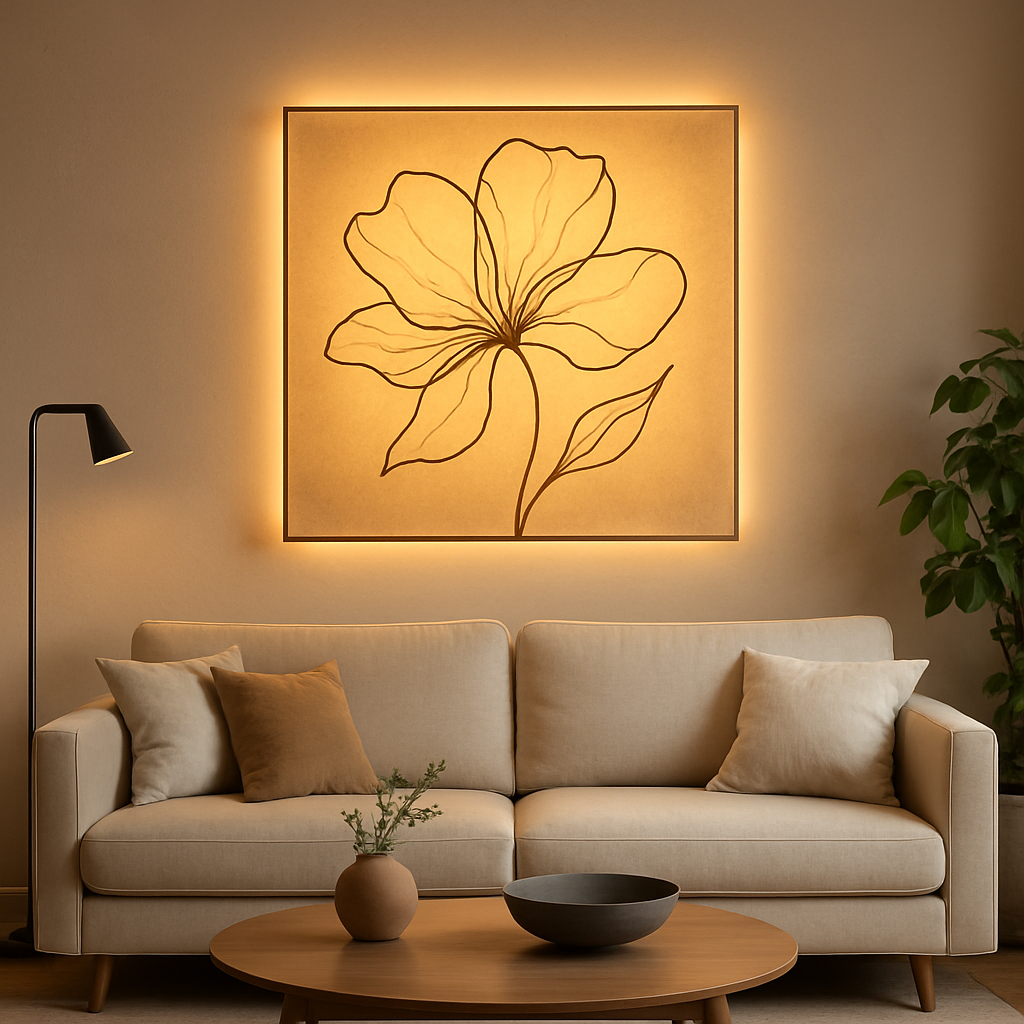 Custom illuminated wall art glowing above a sofa in a modern living room