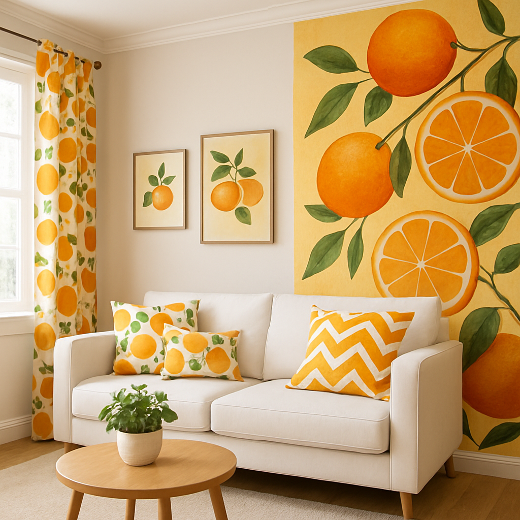 Themed room with custom printed decor including wall art, pillows, curtains, and mural