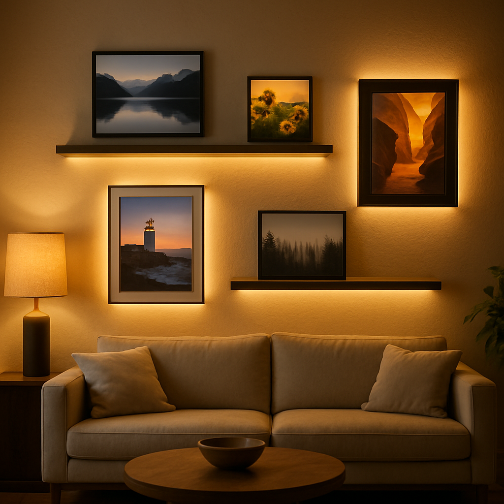 Illuminated photo art displayed at home with backlit frames and LED-lit floating shelves
