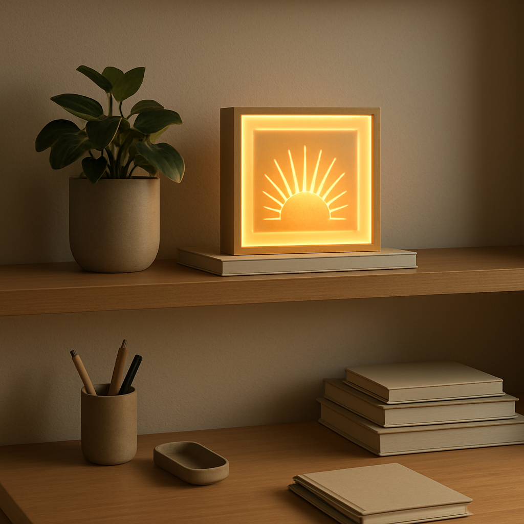 Compact illuminated art styled on a shelf and desk in a modern home office with warm ambient lighting