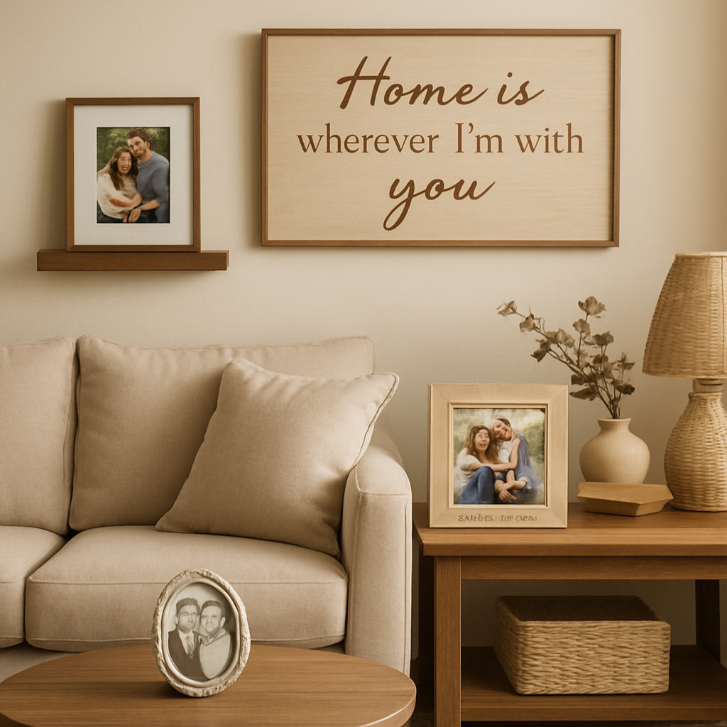 Living room with personalized home decor keepsakes including custom wall art and engraved picture frames