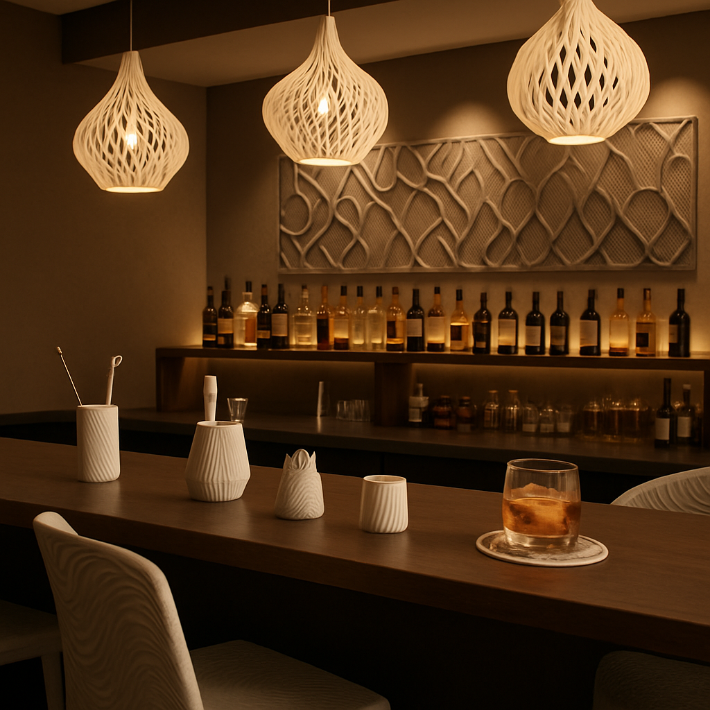 Modern bar interior with 3D printed pendant lights, wall art, and custom bar accessories