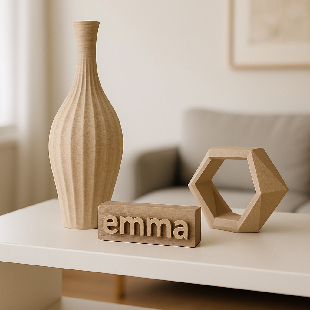 Handmade 3D printed decor pieces displayed on a modern home shelf