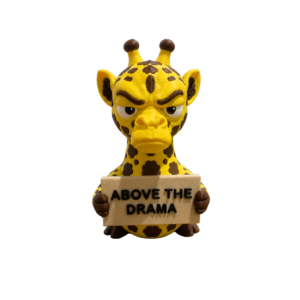 Above The Drama giraffe figurine by SpaceMonkey, a whimsical 3D printed giraffe shelf decor piece
