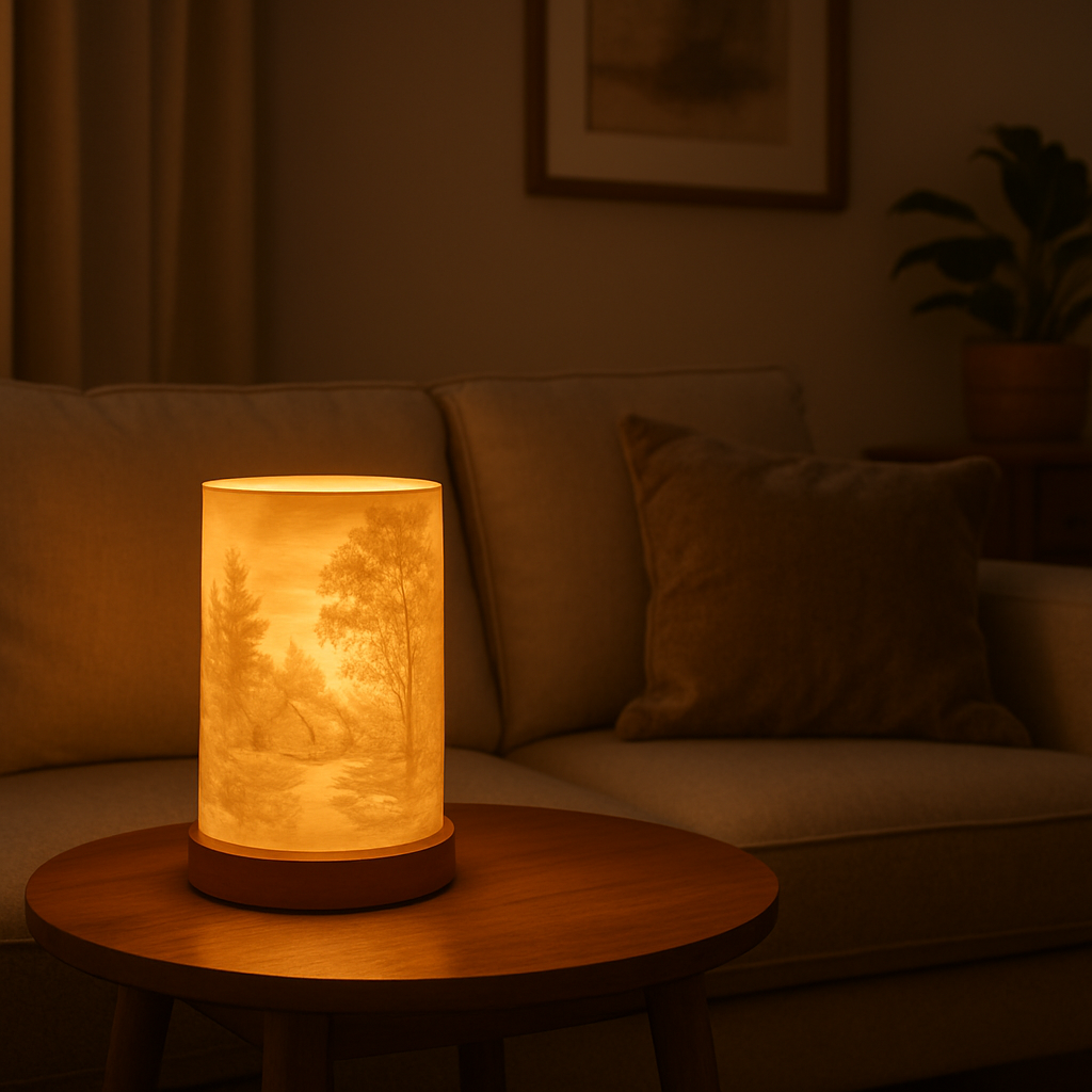 Light-Up Lithophane Decor for Cozy Home Lighting Glowing light-up lithophane lamp adding warm ambiance to a cozy living room