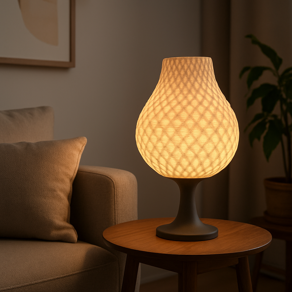 Custom 3D Printed Lamps for Home Decor Custom 3D printed lamp glowing on a side table in a modern home interior
