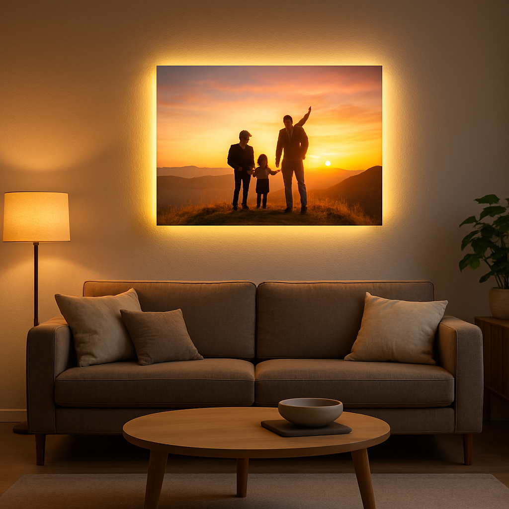 Custom Light-Up Photo Decor for Modern Homes Custom light-up photo decor glowing on a modern living room wall