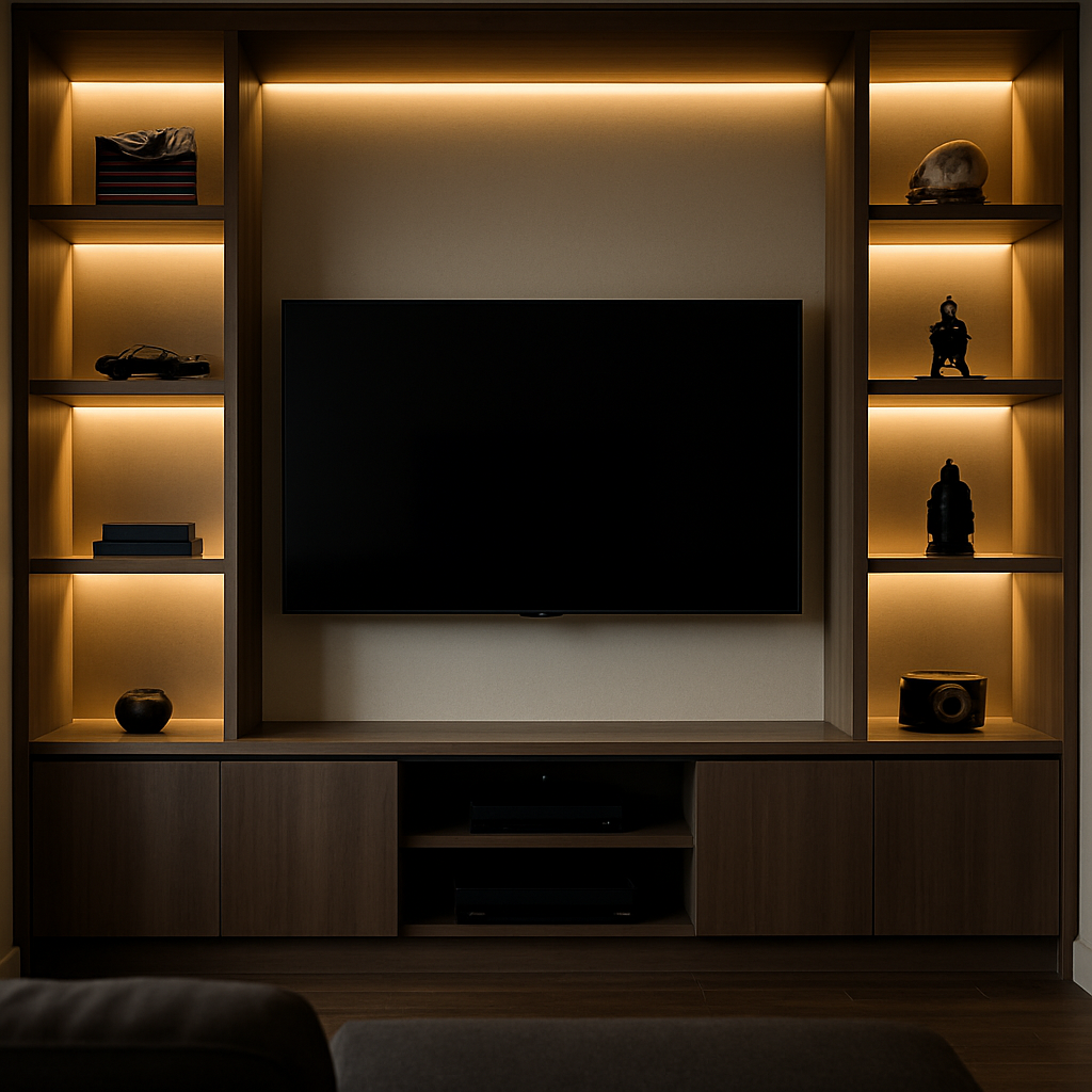Modern media room with custom lit display shelves, LED accent lighting, and built-in storage around a wall-mounted TV