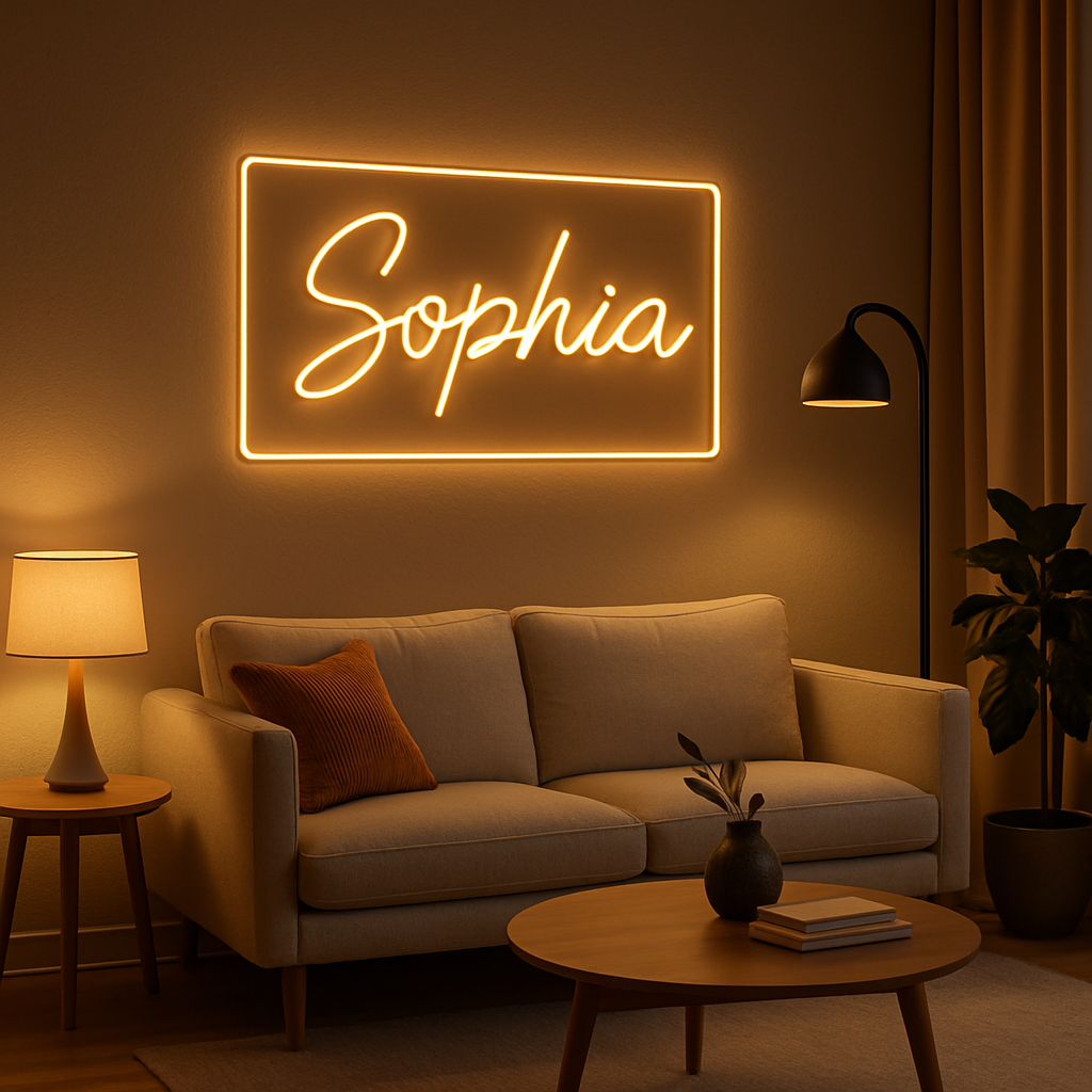 Personalized Illuminated Art for Apartment Decor Personalized illuminated wall art and custom LED sign in a cozy modern apartment living room
