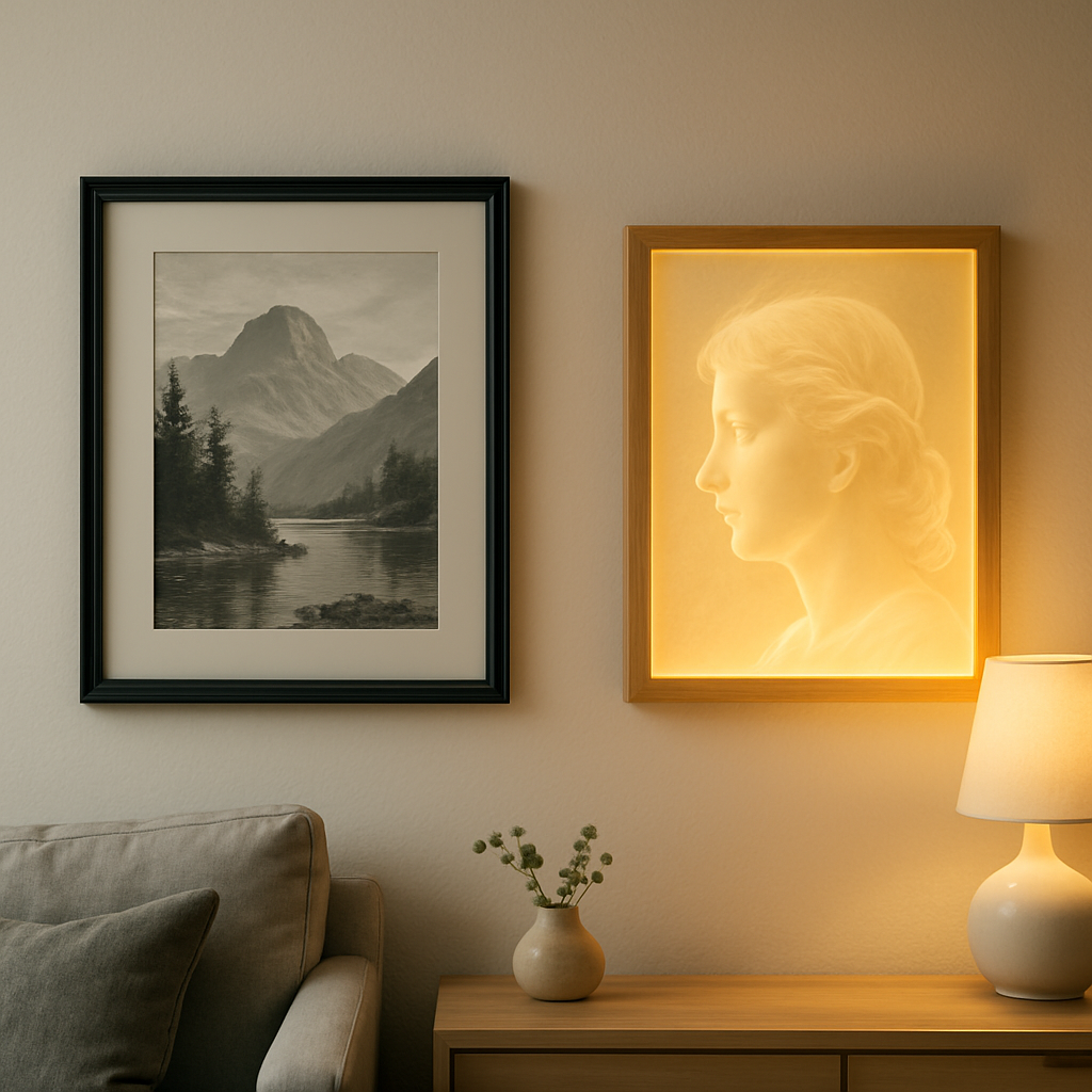 Illuminated Lithophane Art vs Framed Art Standard framed art beside illuminated lithophane art glowing with backlighting in a modern home interior
