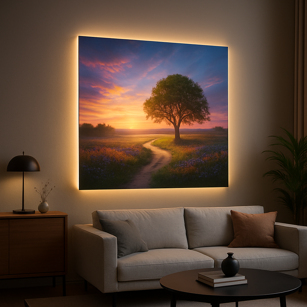 Custom Printed Lighted Art for Modern Decor Custom printed lighted wall art with soft LED illumination in a modern interior