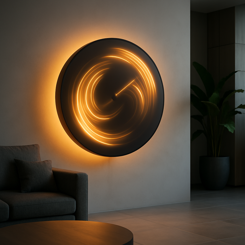 Rotating illuminated art display with glowing light effects in a modern interior