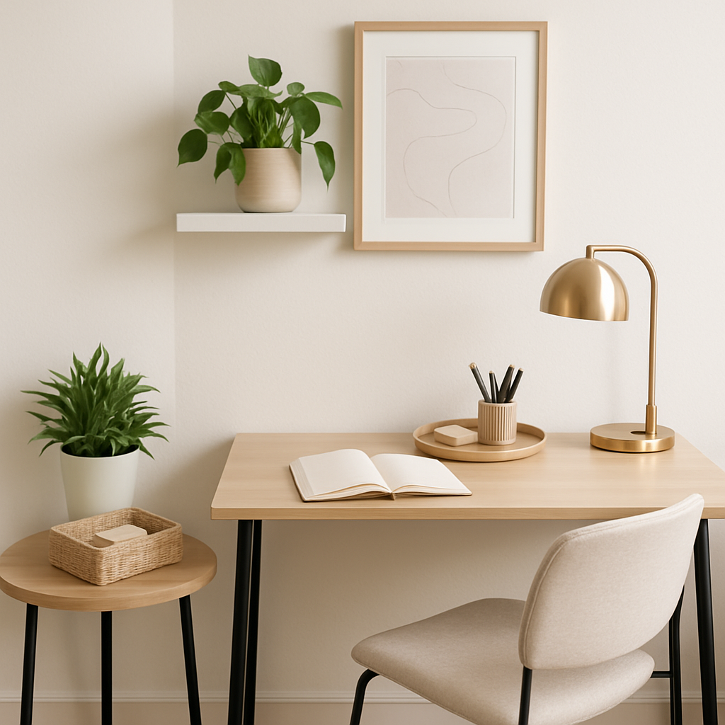 Small desk and side table styled with plants, tray, art, and storage in a compact home office