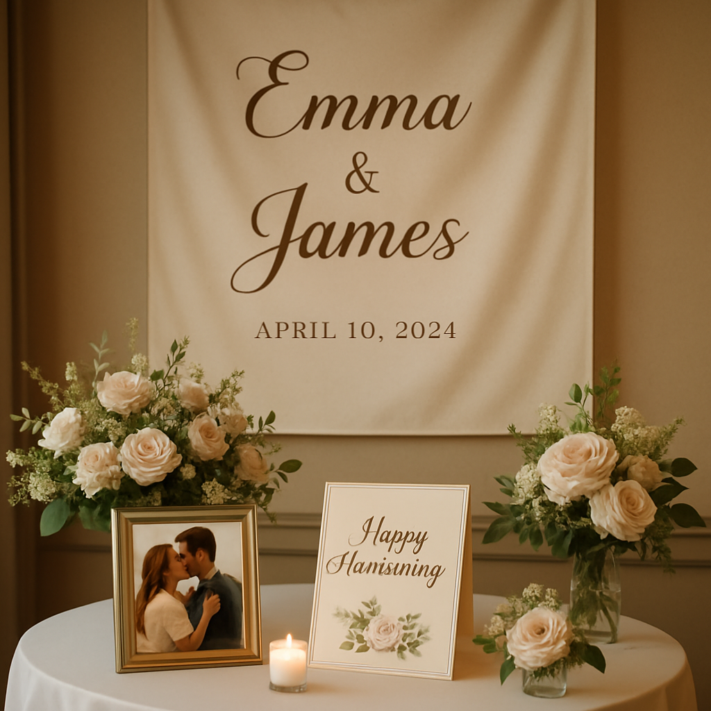 Custom printed anniversary decor with a personalized banner, photo displays, and elegant table styling for a milestone celebration