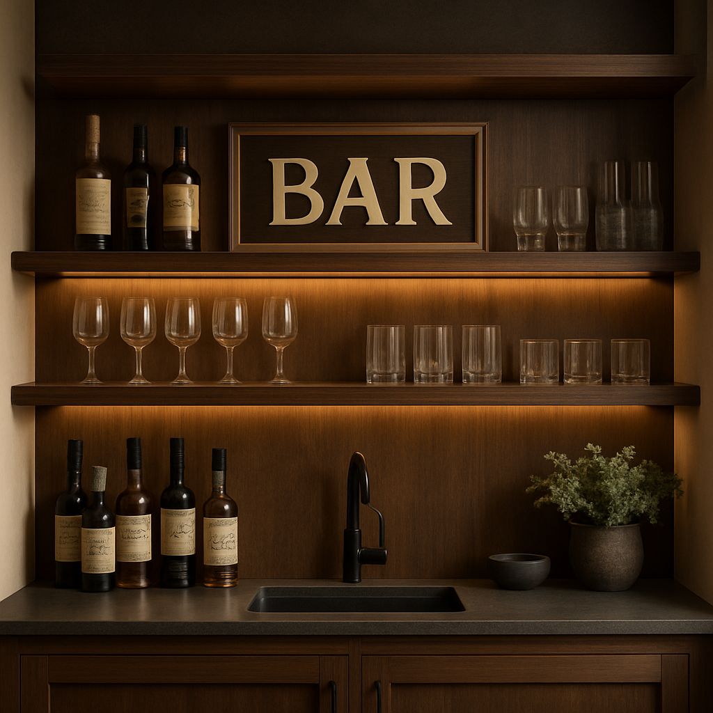 Custom home bar decor with wood shelving, displayed glassware, bottles, and a personalized bar sign