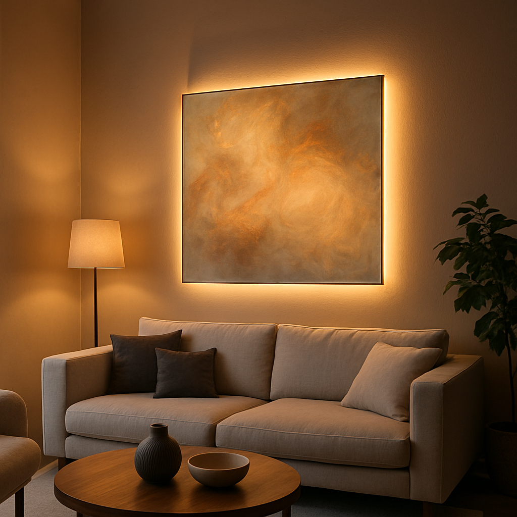 Modern living room featuring illuminated wall art with a soft glow that adds depth and ambiance