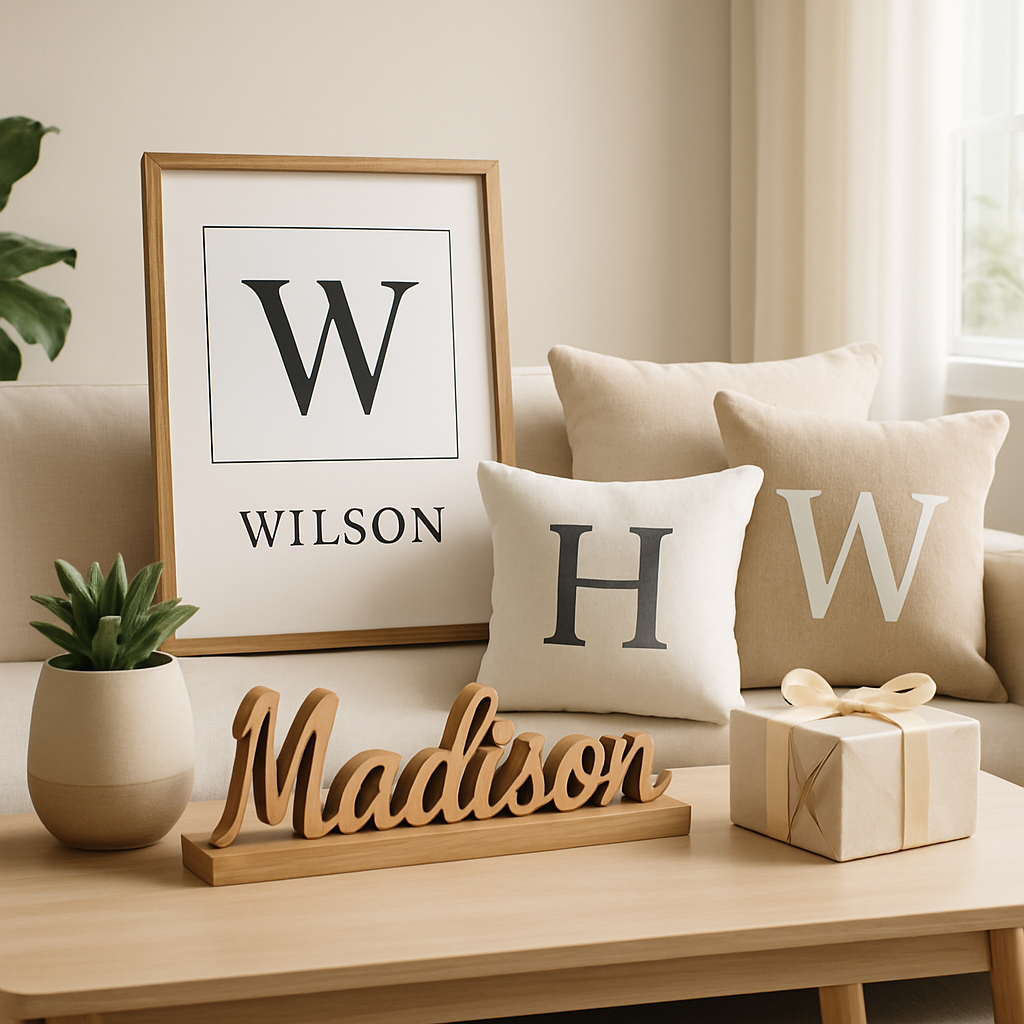 10 Gift Ideas for Custom Home Decor Enthusiasts Personalized home decor gifts including custom wall art, monogrammed pillows, and a name sign in a stylish living room