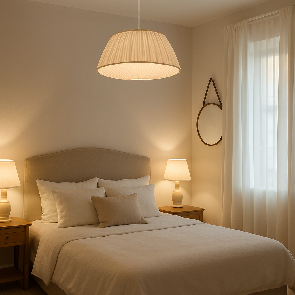 Cozy guest bedroom with layered lighting, bedside lamps, sheer curtains, and a statement ceiling fixture
