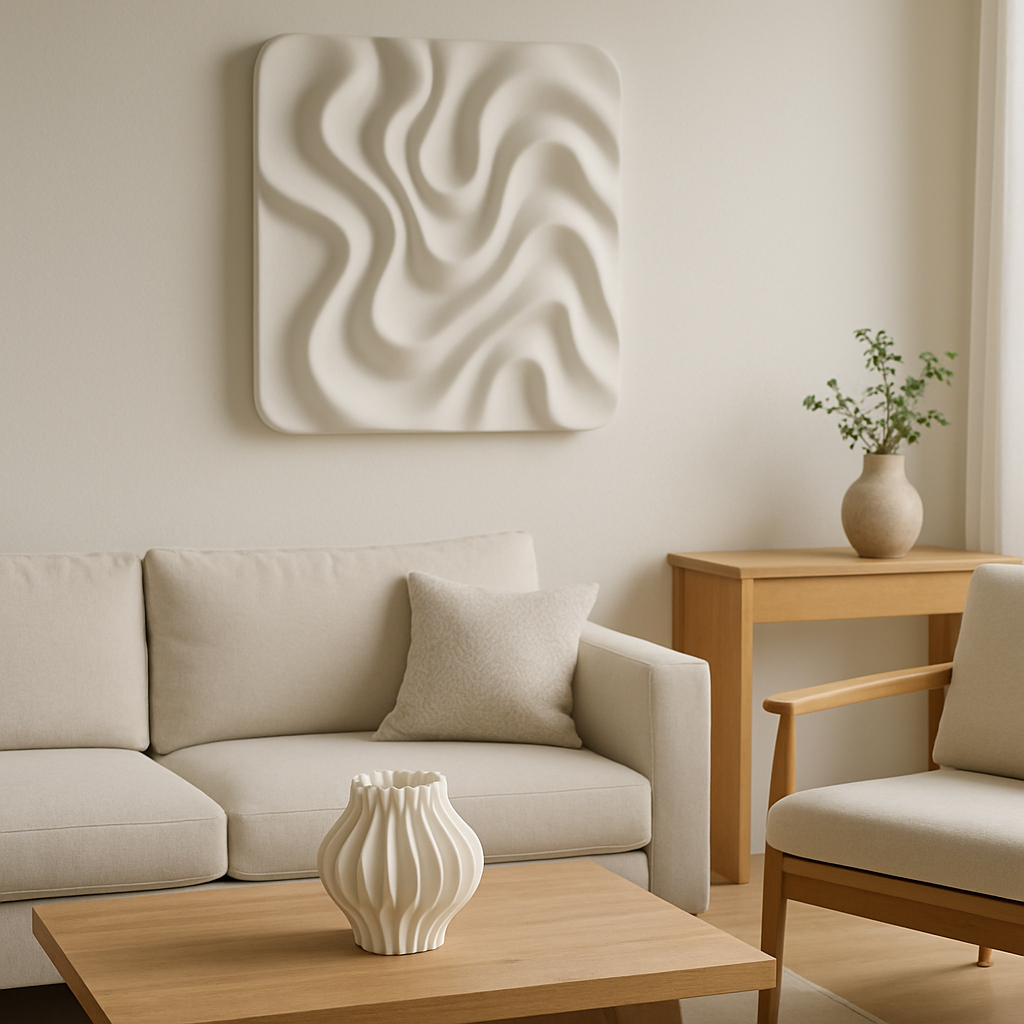 3D Printed Art in Interior Design Modern living room styled with 3D printed wall art and sculptural home decor