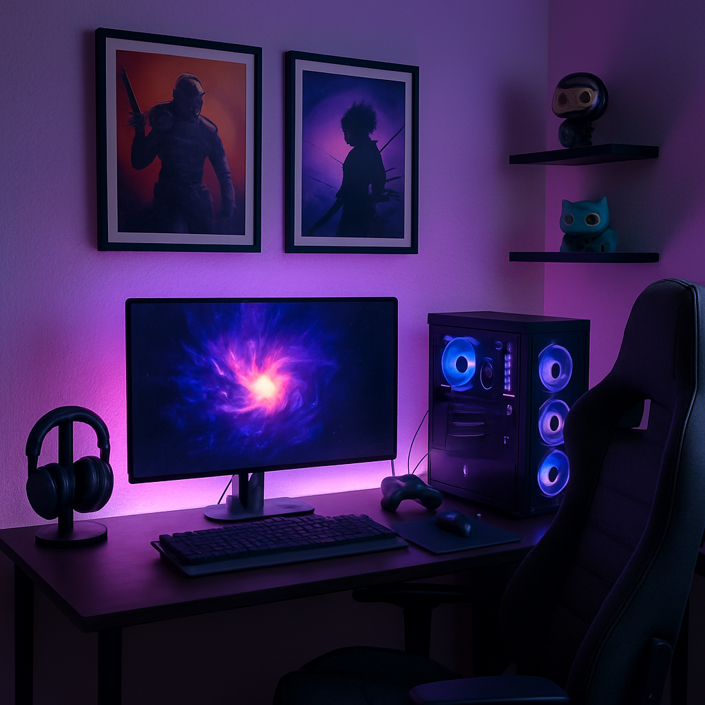 Personalized gamer setup decor with LED lighting, gaming wall art, and collectibles