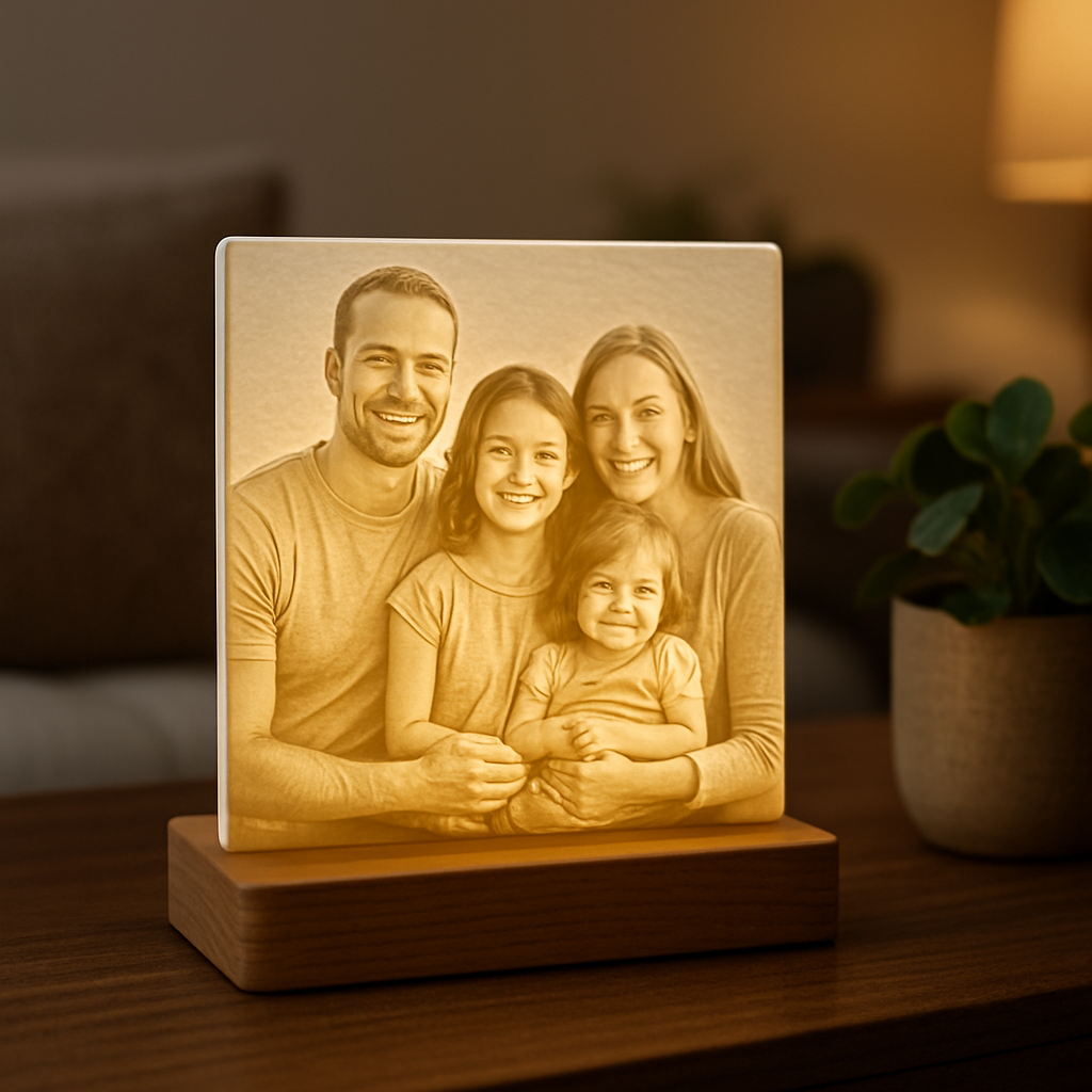 Personalized lithophane art from a family photo glowing on an LED light base