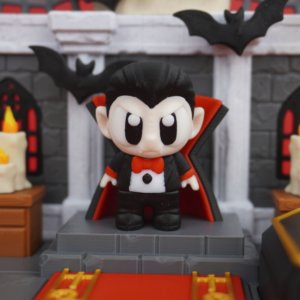 3D printed Dracula decor by 3DGOB shown as a gothic vampire figurine for Halloween shelf display